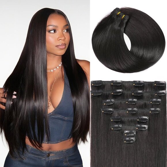 Clip In Hair Extensions Human Hair 18 Inch Natural Black Straight Voluminous